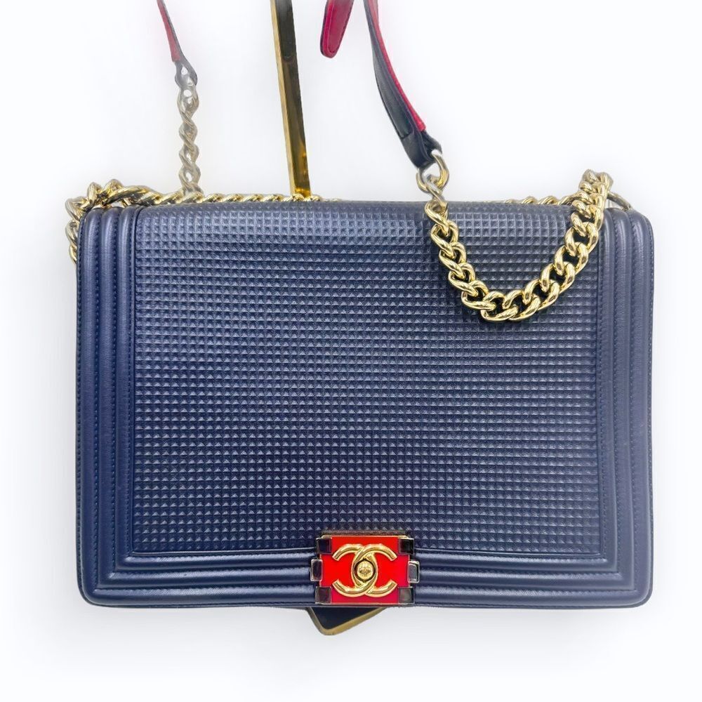 Auth Chanel Navy Blue Limited Edition Boy Flap Large New Cube Shoulder Bag